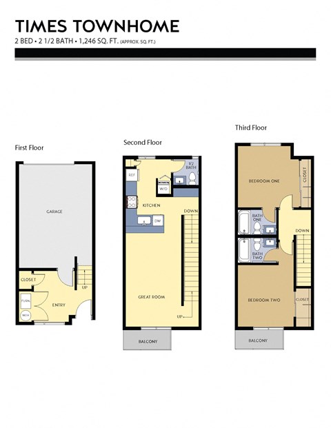 Floor plan for 2 beds, 2.5 baths, 1246 sqft
